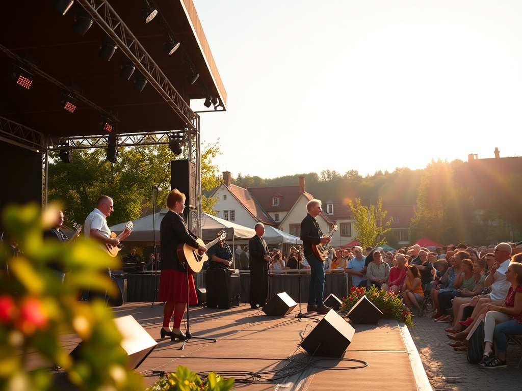 Ilustracja symbolizująca połączenie tradycji i nowoczesności w Żyrardowie, np. kościół obok futurystycznego obiektu