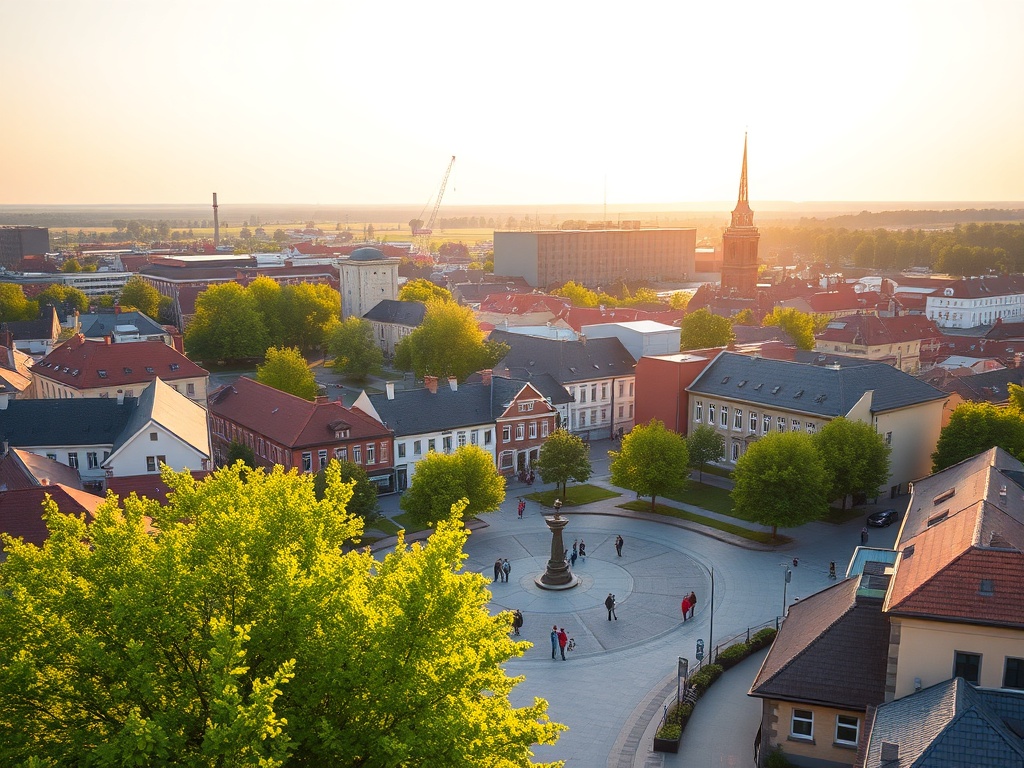 Widok na historyczną zabudowę miasta Żyrardów z ceglanymi fabrykami i kamienicami.