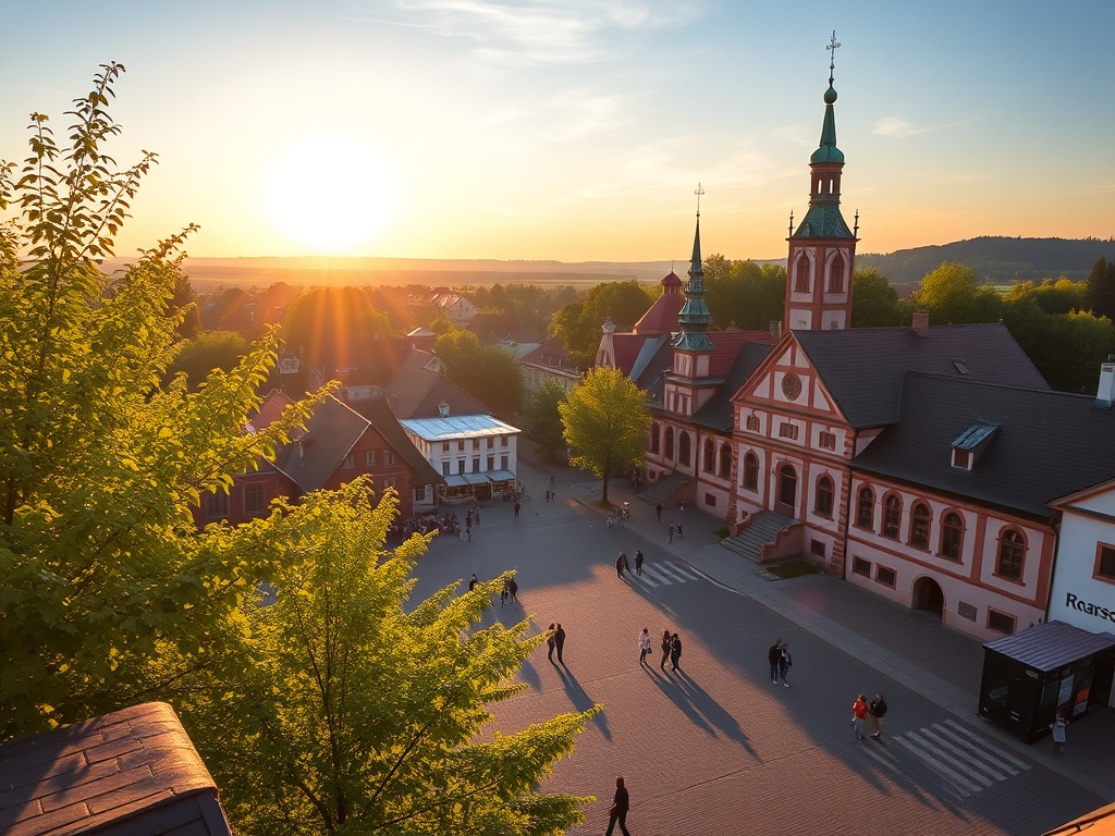 Ulica w Żyrardowie z zabytkowymi kamienicami fabrycznymi w słoneczny dzień podczas majówki.