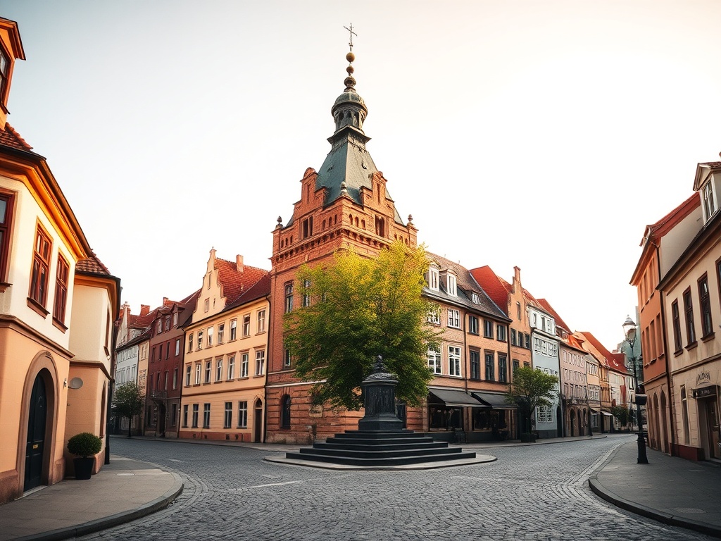 Panoramiczny widok na historyczne budynki fabryczne i mieszkalne w Żyrardowie.